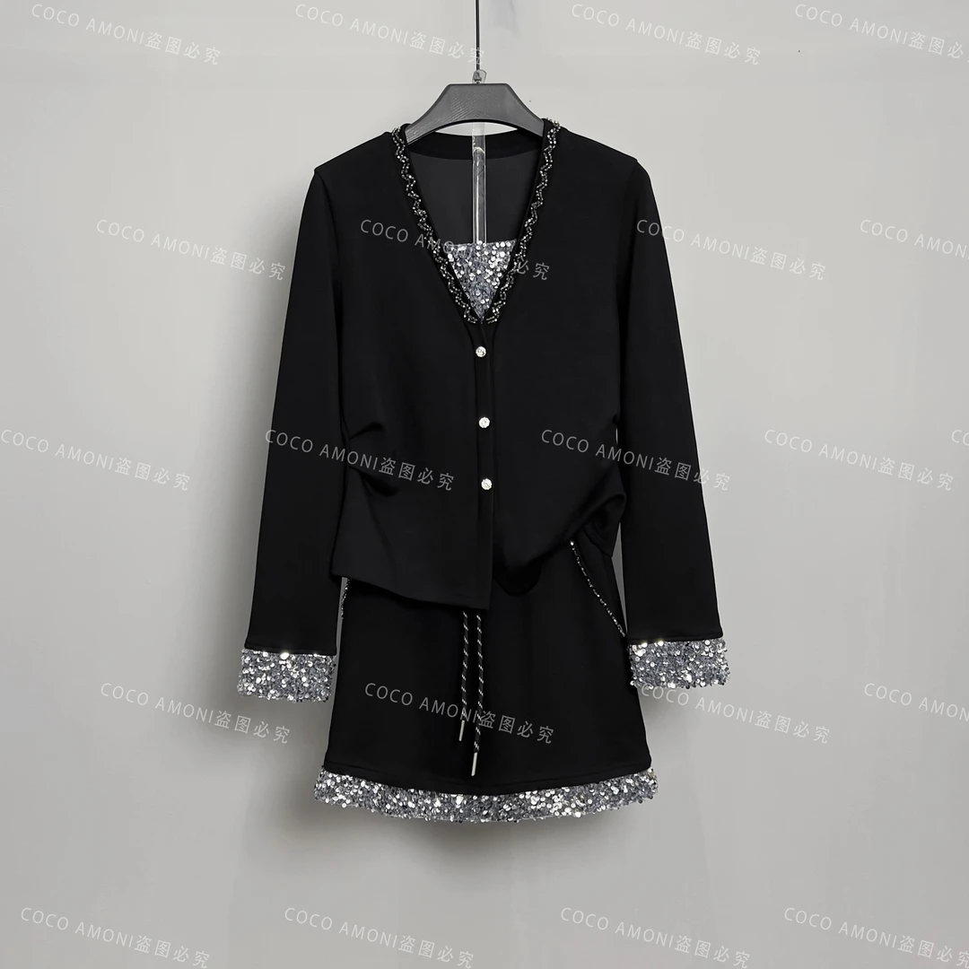 秋冬季高级感新款重工烫钻V领设计减龄显瘦气质高级套装LG086