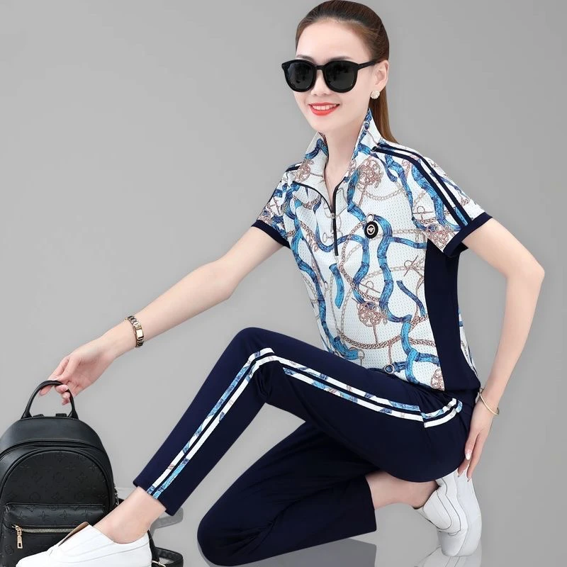 10013夏季时尚运动套装女宽松显瘦花色立领短袖休闲跑步两件套