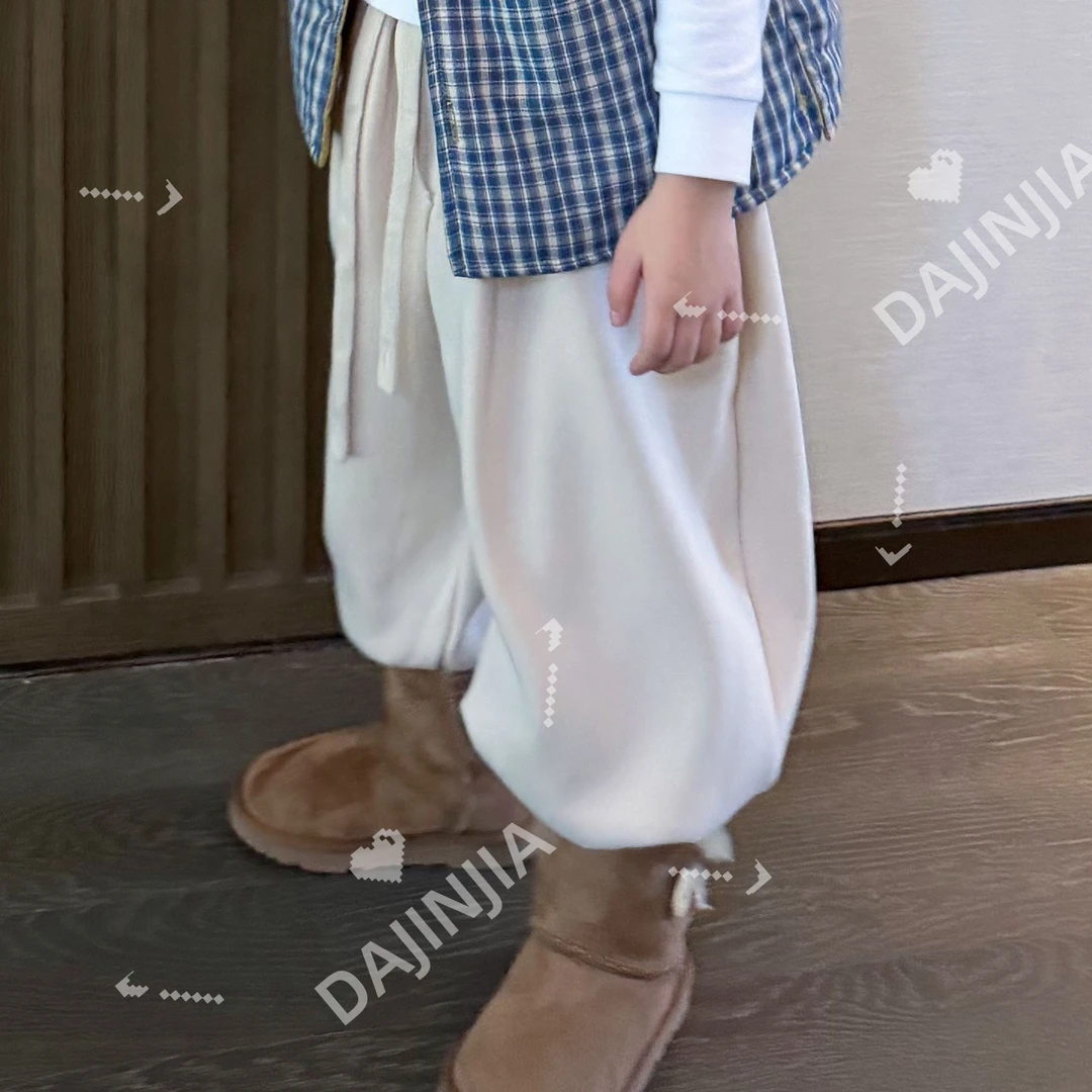 大金定制童装加绒加厚宽松抽绳灰白色束脚卫裤男女宝幼儿园长裤