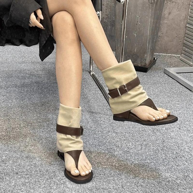 XIAOJIAOYA凉靴罗马风夹趾休闲凉靴套筒靴2025夏季新真皮个性凉鞋