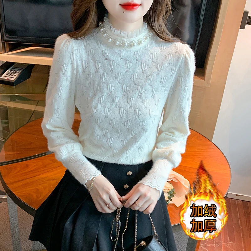 半高领加绒蕾丝打底衫女秋冬季2025新款洋气减龄内搭小衫时髦上衣