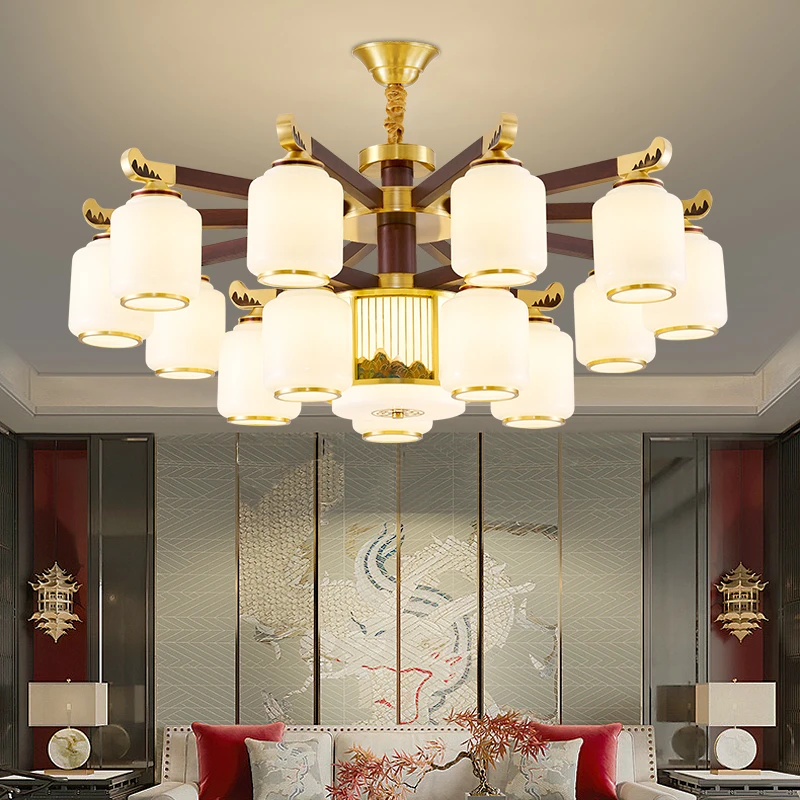复式楼大吊灯高端禅意全铜珐琅彩雕刻新中式挑空轻奢别墅客厅主灯