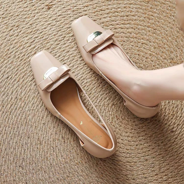 方头蝴蝶结一脚蹬坡跟浅口单鞋低跟平底薄雾少女风HCY  6087