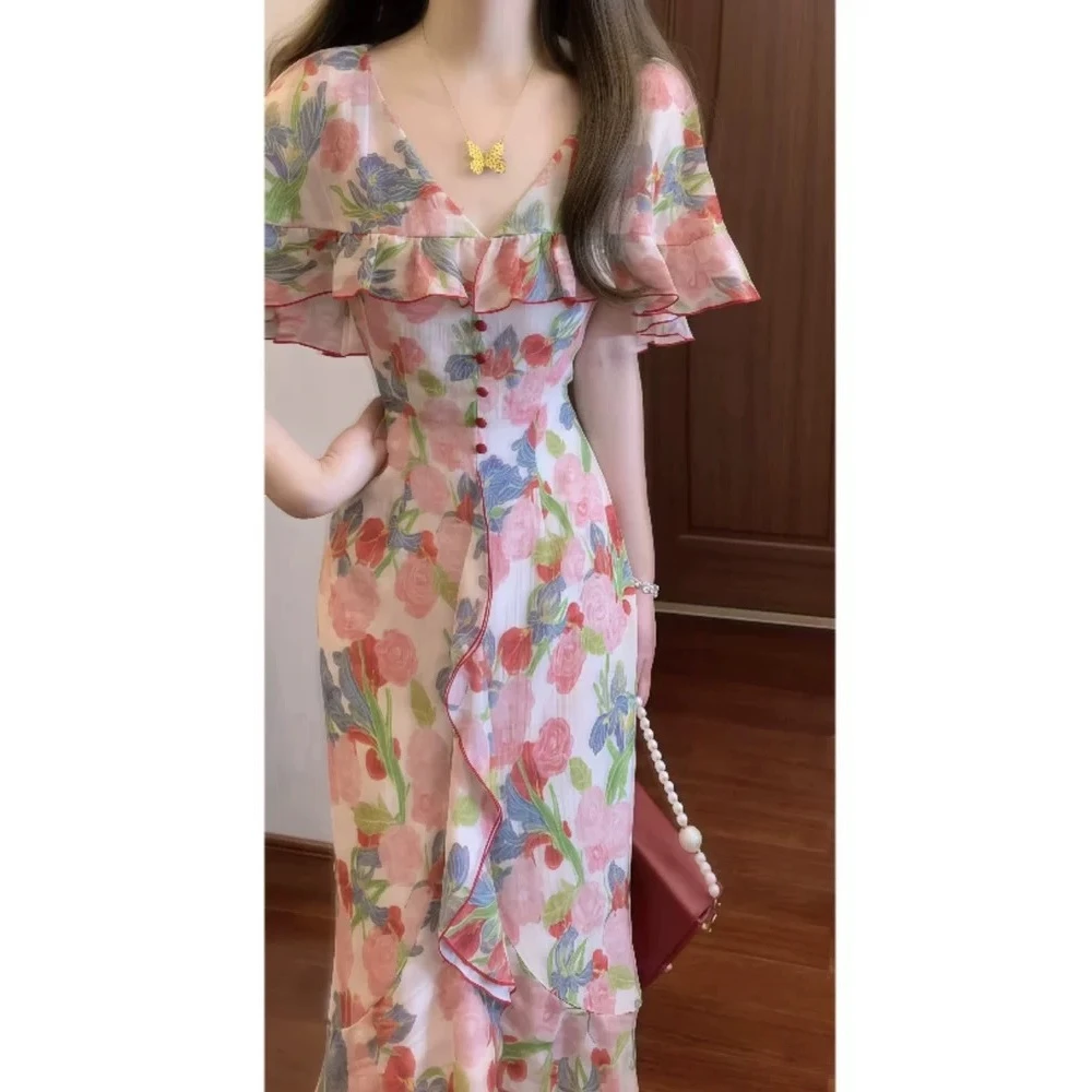 芙罗拉法式浪漫优雅荷叶边斗篷领碎花连衣裙收腰气质长裙5798