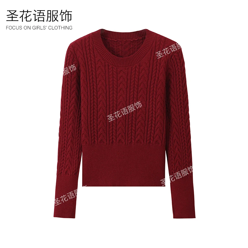 复古粗针加厚安迪绒麻花打底针织衫女秋冬款高腰圆领长袖红色毛衣