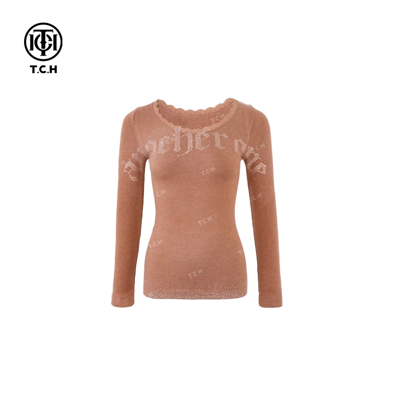 TCH-24新款蕾丝衣领拼接字母烫钻修身显瘦打底衫T72C02E5011