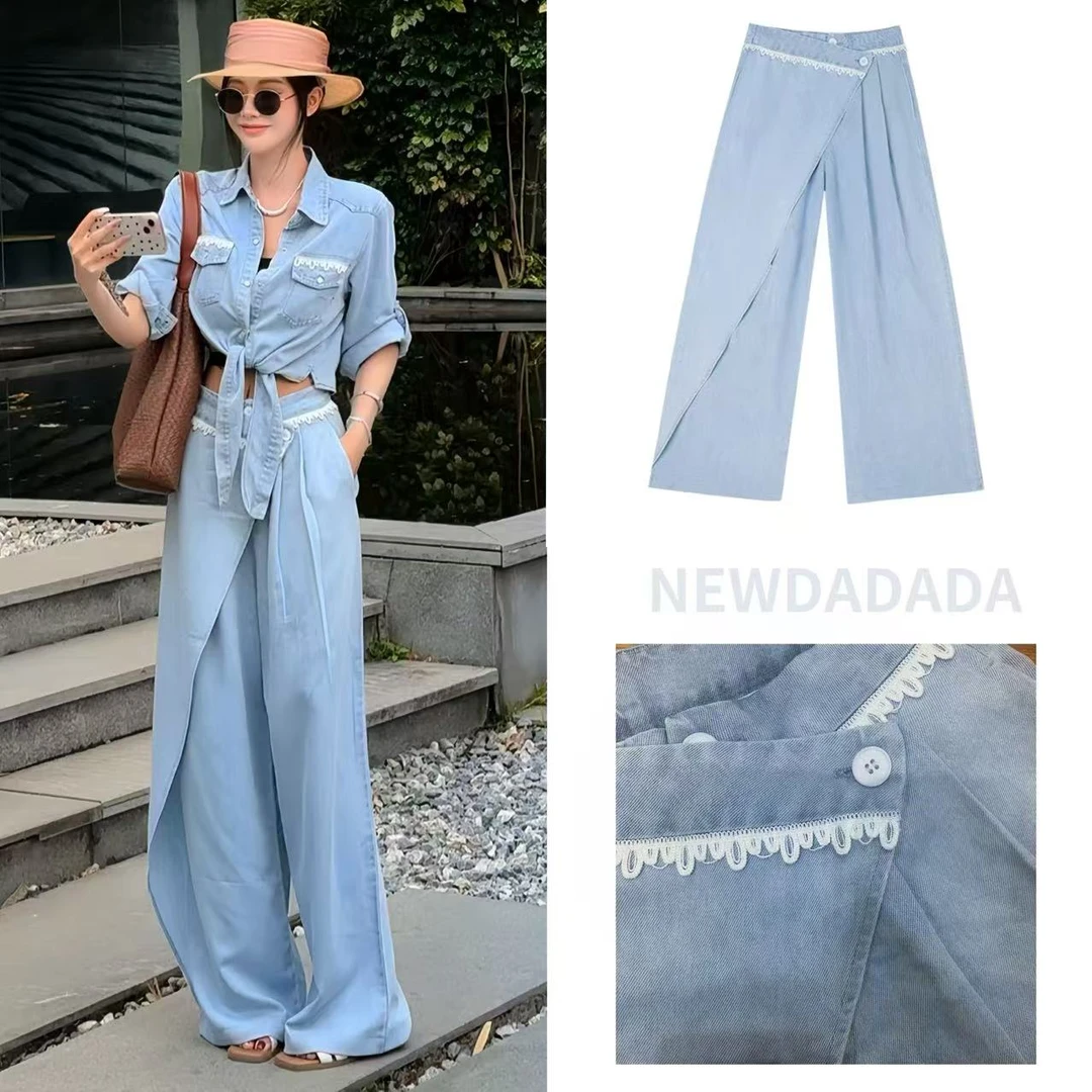 利达NEWDADAD高腰直筒阔腿裤薄款宽松蕾丝设计感显瘦牛仔裤SNC560