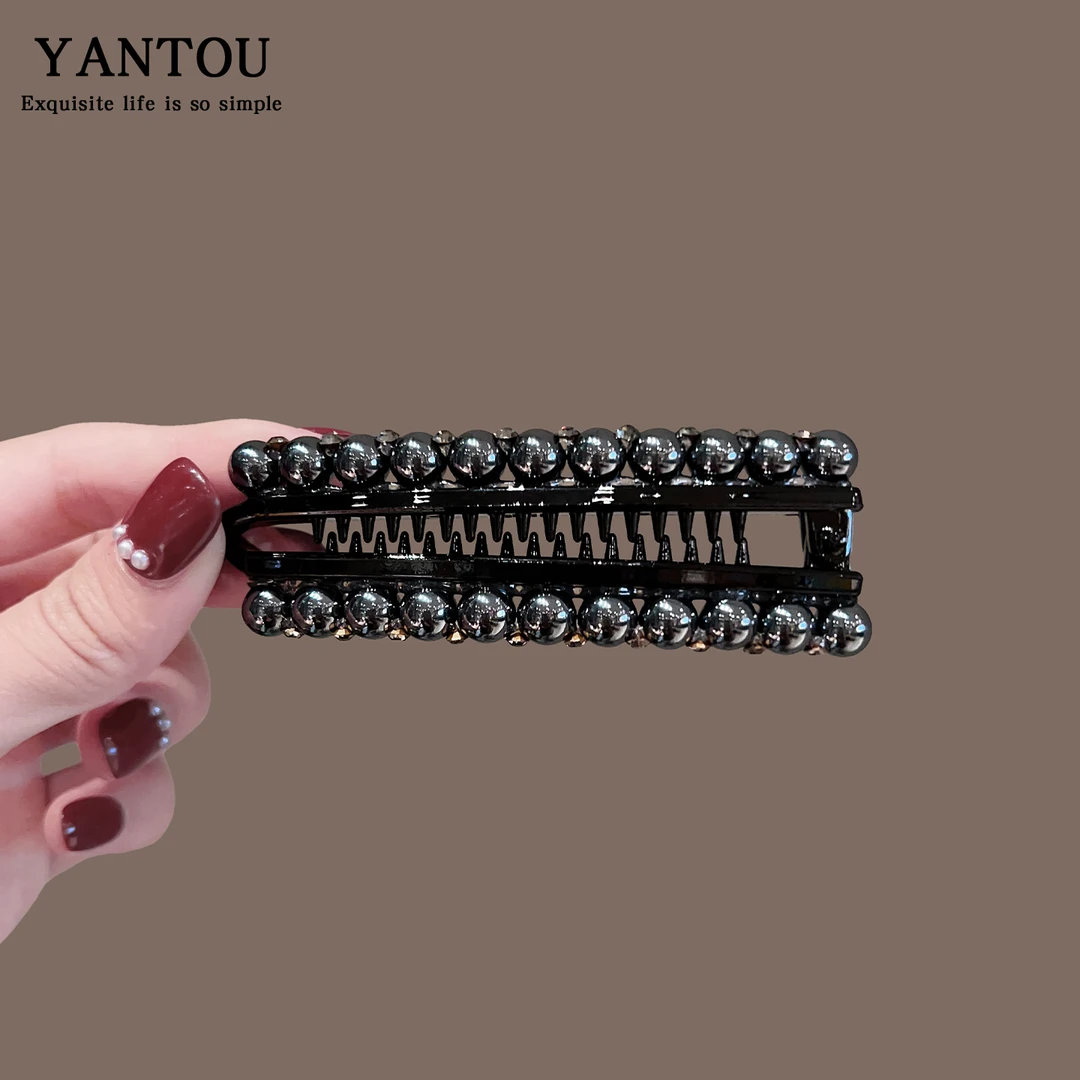 韩国发饰珍珠水钻香蕉夹时尚气质高马尾发夹后脑勺马尾夹头饰竖夹