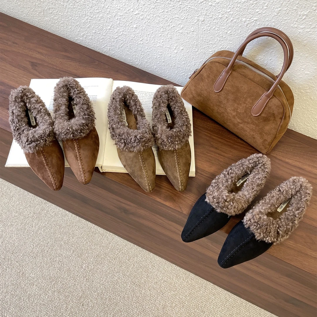 内增高尖头毛毛鞋女鞋子外穿2025秋冬新款加绒复古保暖超火单鞋女