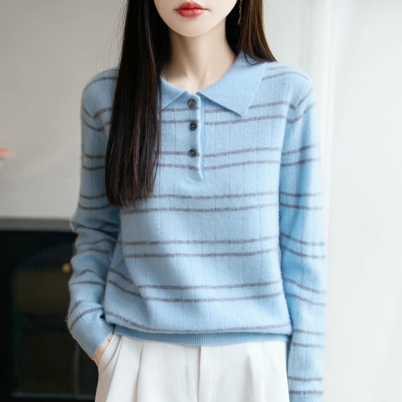 新款100纯羊毛衫翻领半开扣厚款条纹女复古百搭针织羊毛打底衫