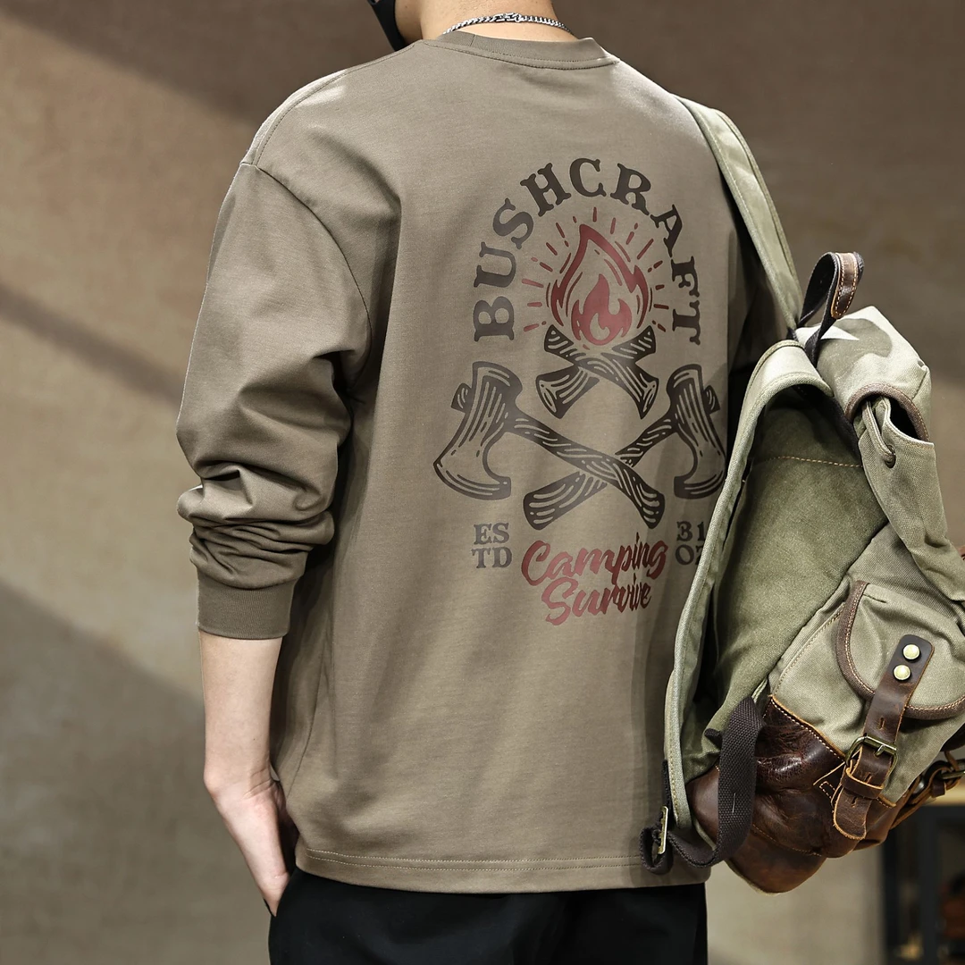 户外印花设计美式高端重磅305g长袖T恤男秋季新款宽松纯棉体恤衫T