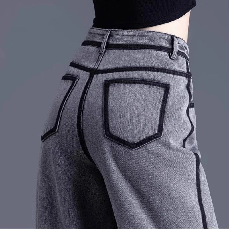 加绒小个子撞色牛仔裤女2025年新款秋冬季烟灰色女士直筒阔腿裤子