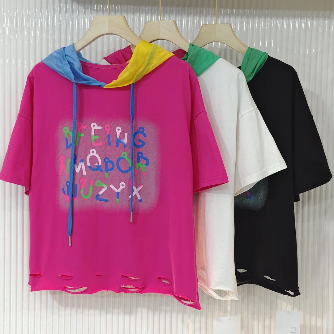 【七沐服饰】88060连帽破洞短袖棉T恤夏季潮牌女装时尚宽松休闲百搭