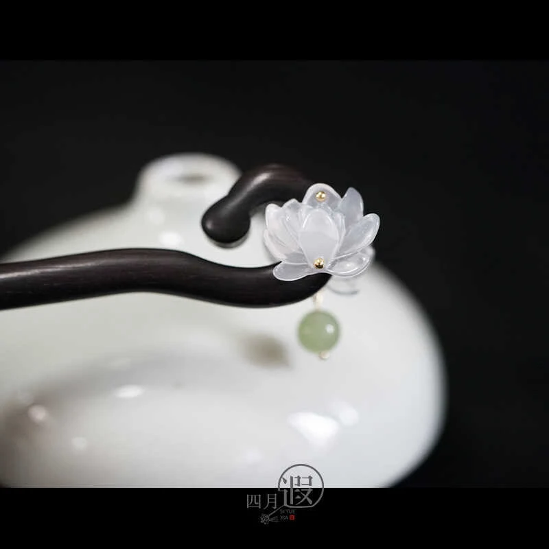 双面荷花簪玉珠吊坠天然黑檀木盘发简约新中式旗袍汉服配饰发簪子