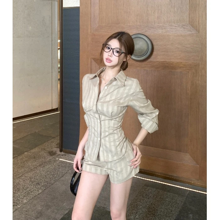 气质绑带修身polo领长袖收腰衬衫女夏季套装条纹裤休闲短裤两件套