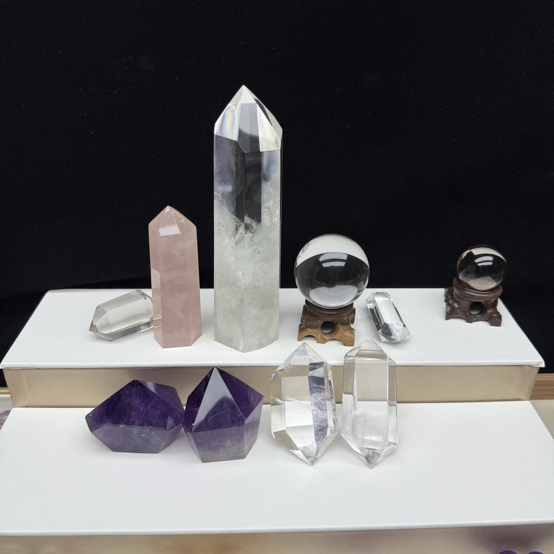 天然水晶原石摆件水晶柱水晶球用于消磁净化送礼办公室摆件等