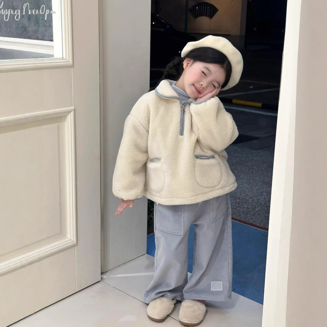 甜小七女童2025冬季新款简约韩系休闲半拉链卫衣直筒卫裤套装