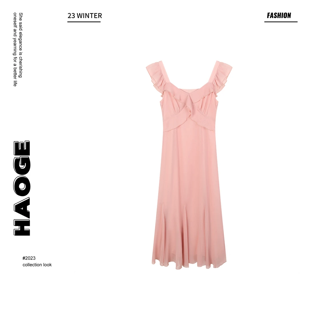 冰冰严选●C4LYQ4040A时尚粉色中长款无袖连衣裙莫奈花园风