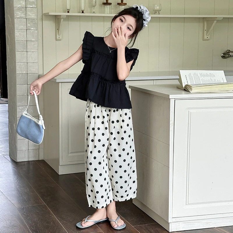 女童夏款时尚休闲套装儿童洋气短袖波点九分裤两件套大童潮酷穿搭