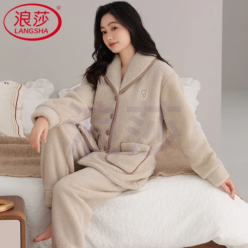 2025女士冬季珊瑚绒睡衣法兰绒加绒加厚秋冬季抗静电羊羔绒家居服