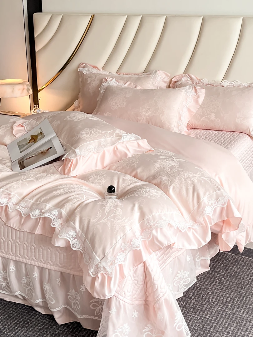 【被套+床盖+枕套*2】花边提花凉感冰丝被套四件套裸睡丝滑床上用品
