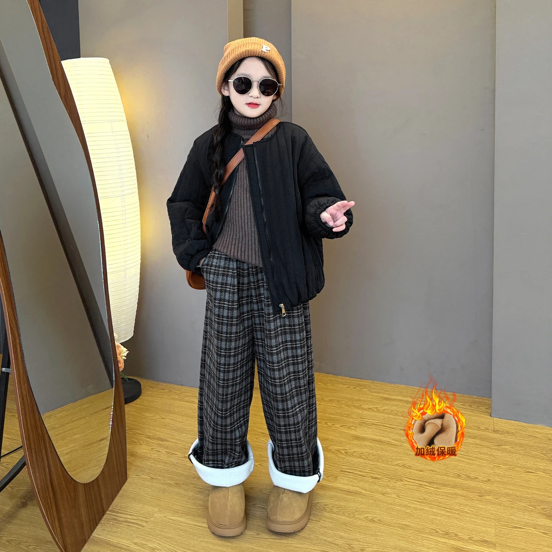 女童2025新款儿童秋冬季韩系格子棉服外套百搭阔腿格子阔腿裤套装
