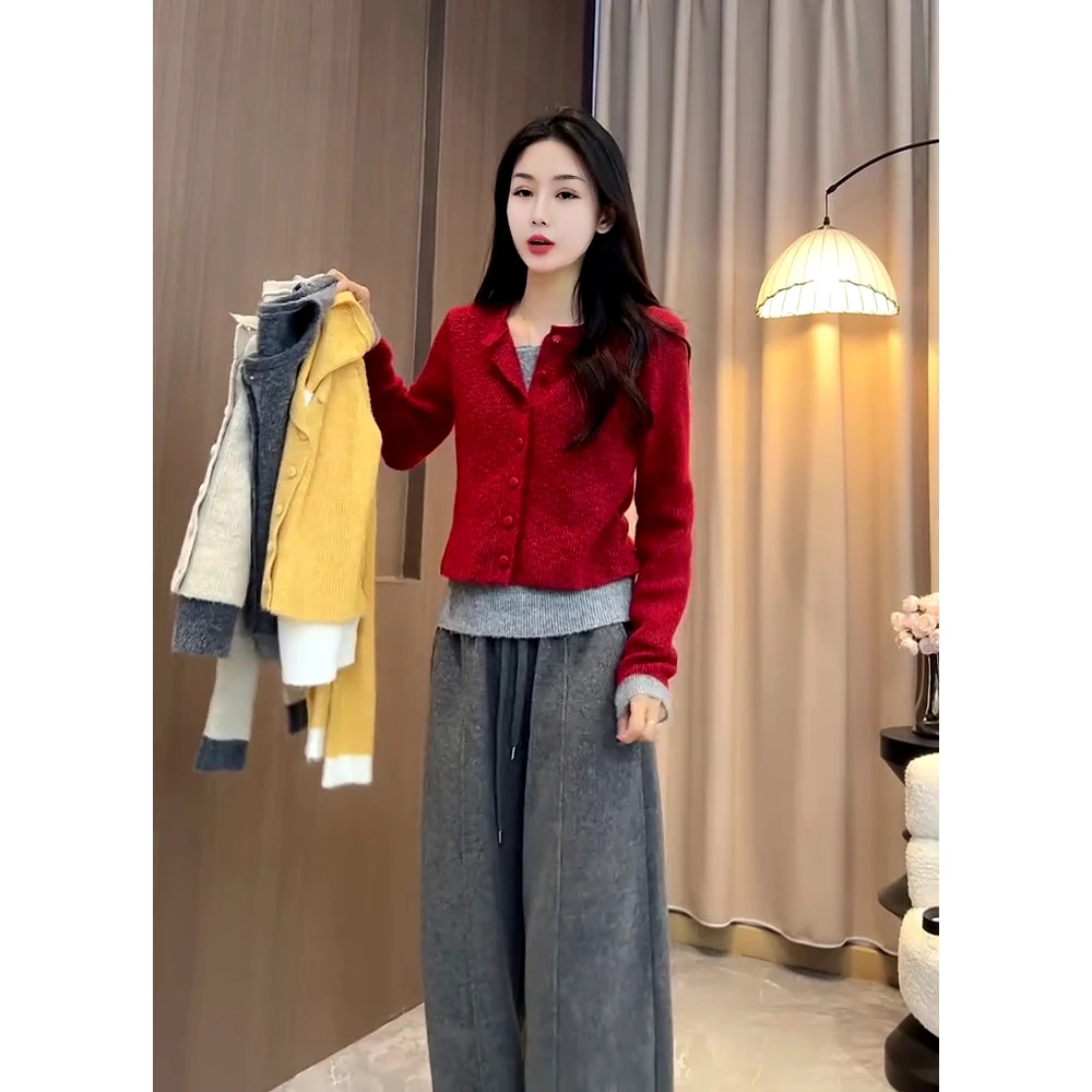 拼色假两件长袖针织衫女冬季新款韩系打底衫修身毛衣