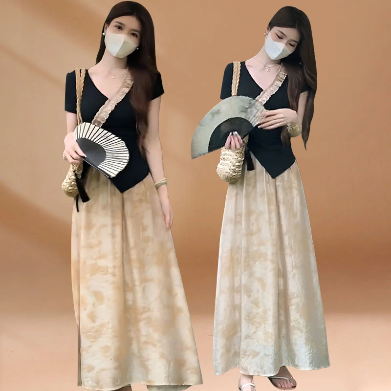 新中式国风套装V领花边短袖T恤女2025新款爆款夏季宽松高腰半身裙