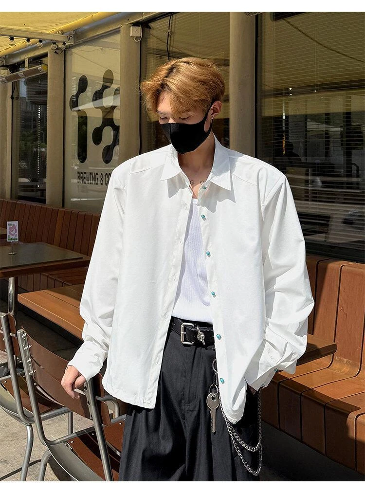 原创下摆抽绳长袖绿松石衬衫男女高级感衬衣休闲百搭外套夏季