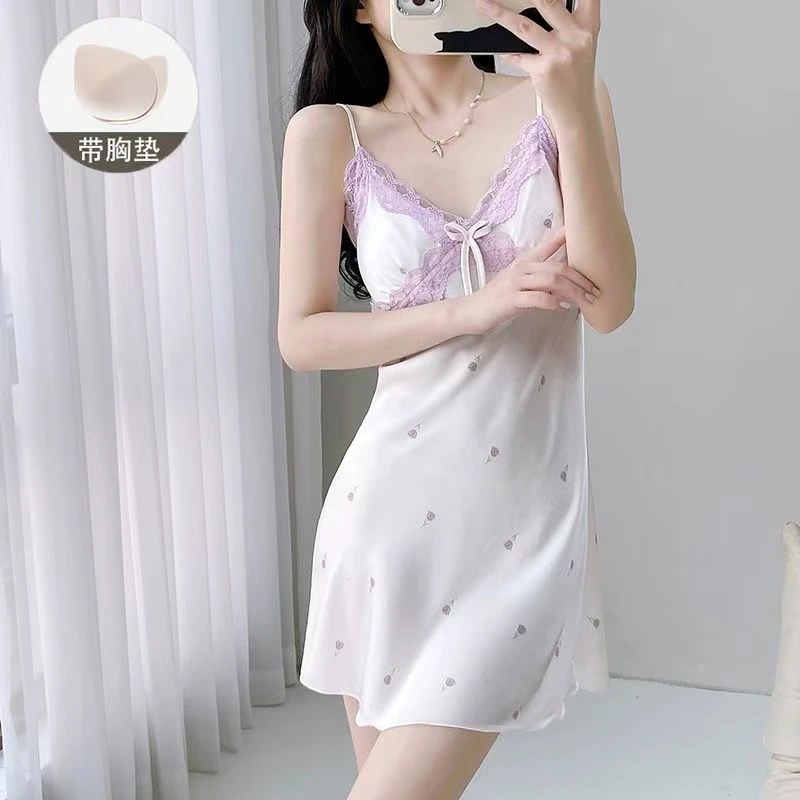 带胸垫性感蕾丝边吊带睡裙女2025年夏季新款可外穿碎花连衣裙睡衣