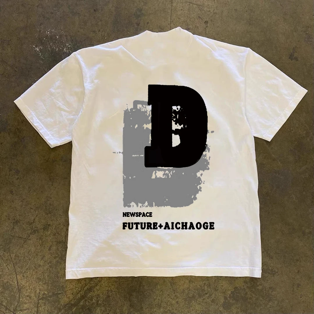 复古潮牌字母D印花短袖男夏季小众设计感宽松圆领美式纯棉半袖衫