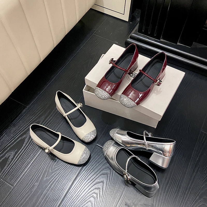 小香风粗跟银色玛丽珍鞋女2025夏季新款法式复古拼色一字带高跟鞋