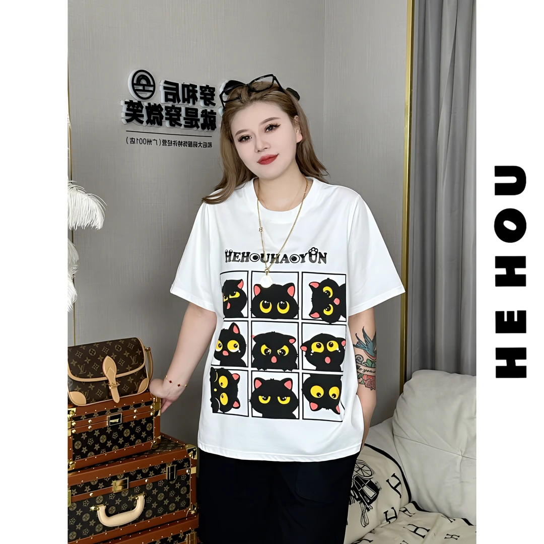 507725  和后大码 休闲风印花重工圆领T恤重工宽松黑色夏季