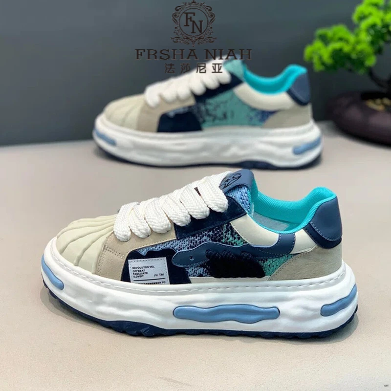 法莎尼亚男鞋早秋新款布面透气百搭休闲鞋厚底增高贝壳头低帮板鞋