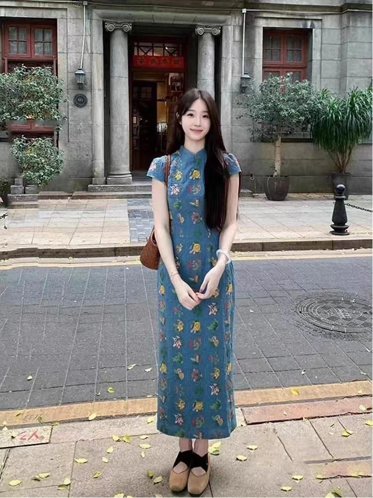 复古风斜襟新中式少女印花复古日常旗袍见详情中国风
