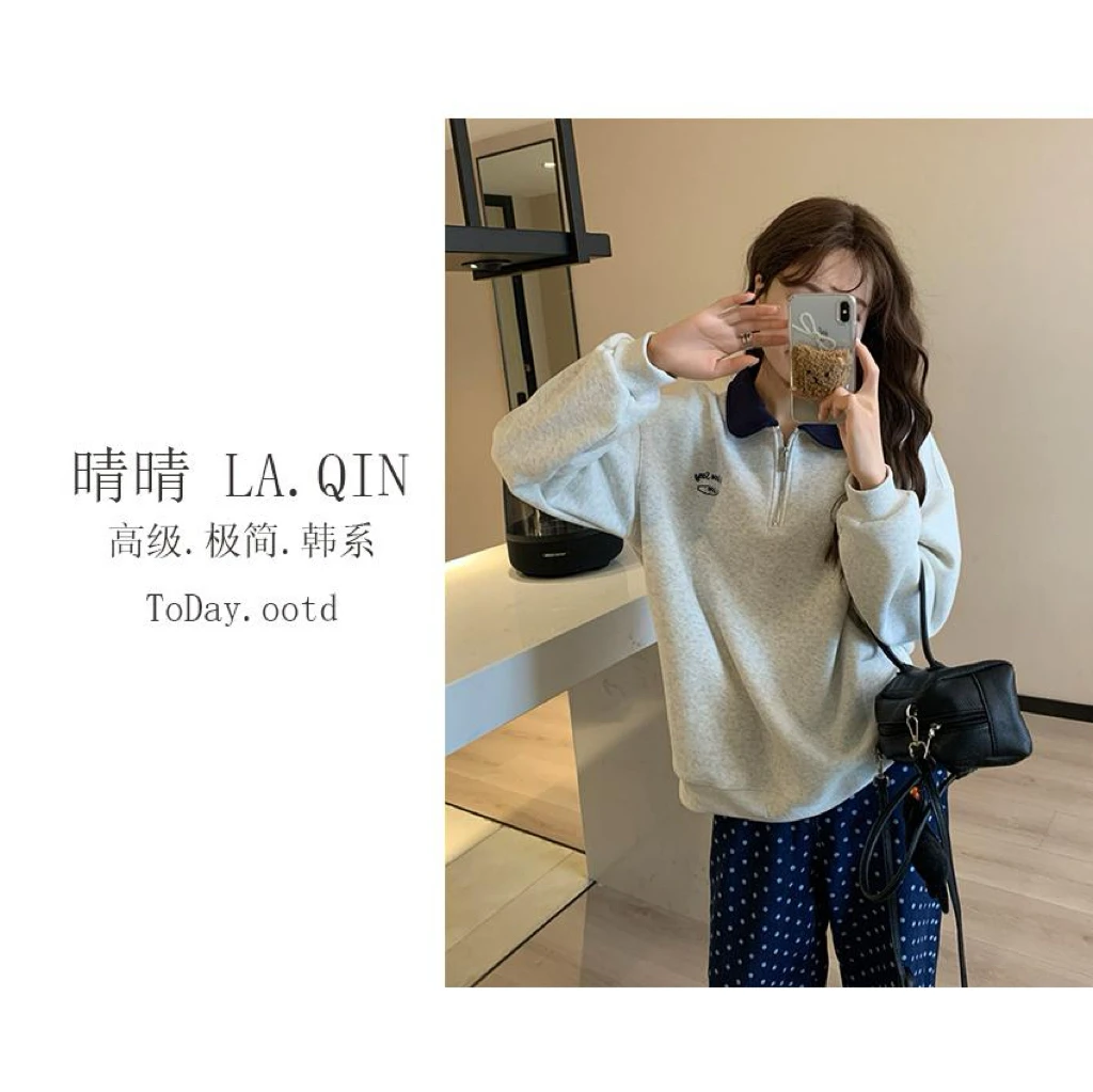 晴晴家-“翻领小清新”韩版宽松polp领半拉链设计~卫衣-8027