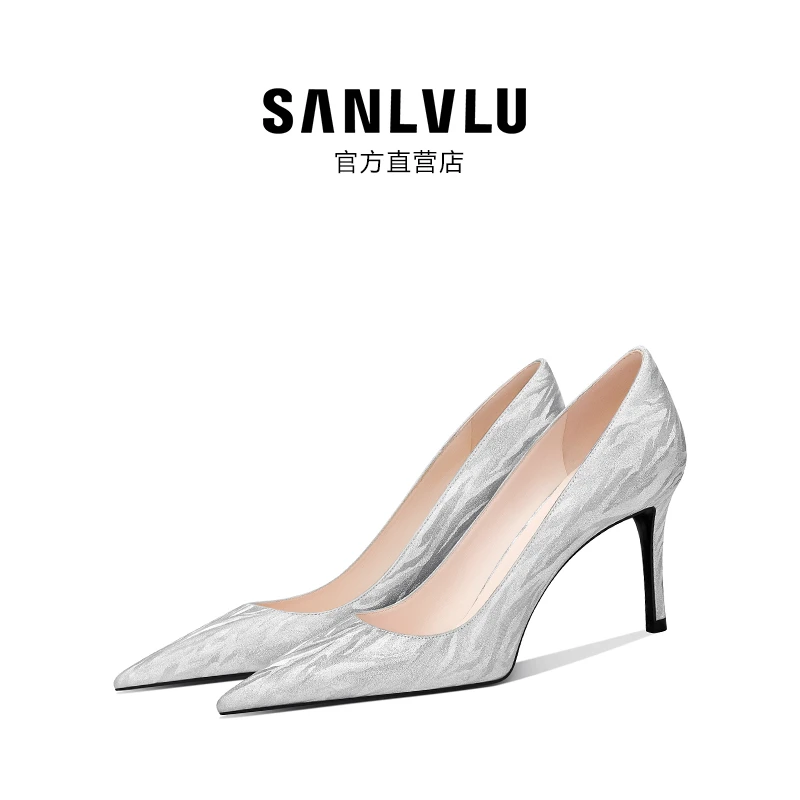 SANLVLU温州 羊皮里高跟鞋银色水晶鞋仪式感单鞋拍婚纱照订婚鞋女