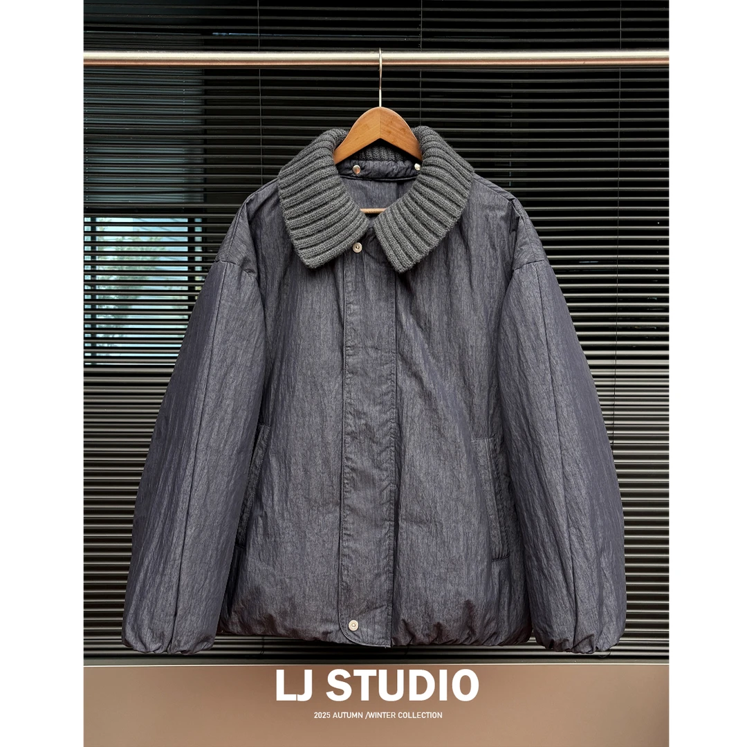 L.JIN .油蜡壳毛织领口拼接羽绒服.90白鸭绒加厚立领外套男 70151