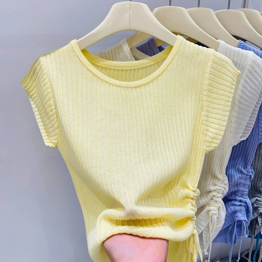 韩系飞飞袖冰丝针织衫短袖t恤女抽绳收腰薄款上衣潮