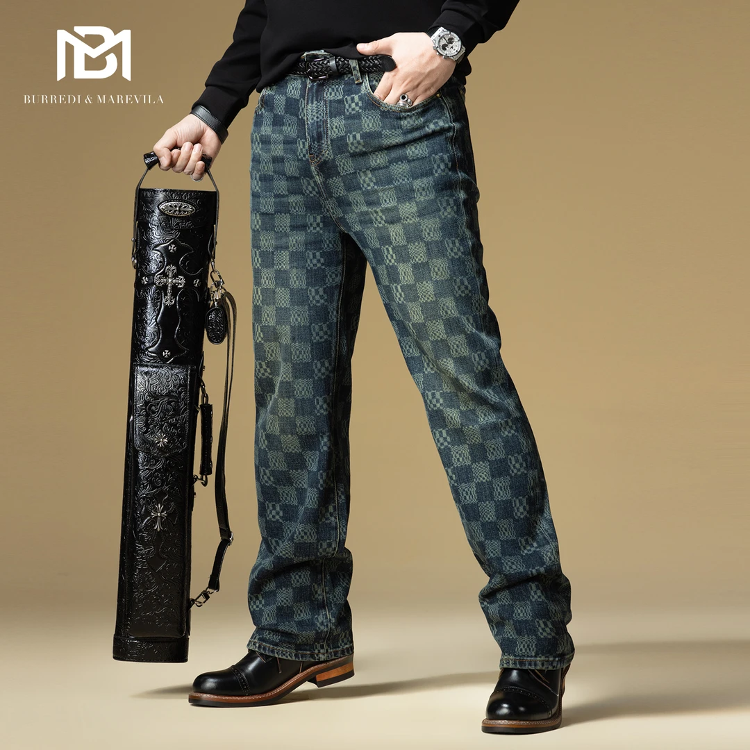 BM欧洲站牛仔裤男2025新款潮牌棋盘格子裤子男士休闲直筒裤秋冬季