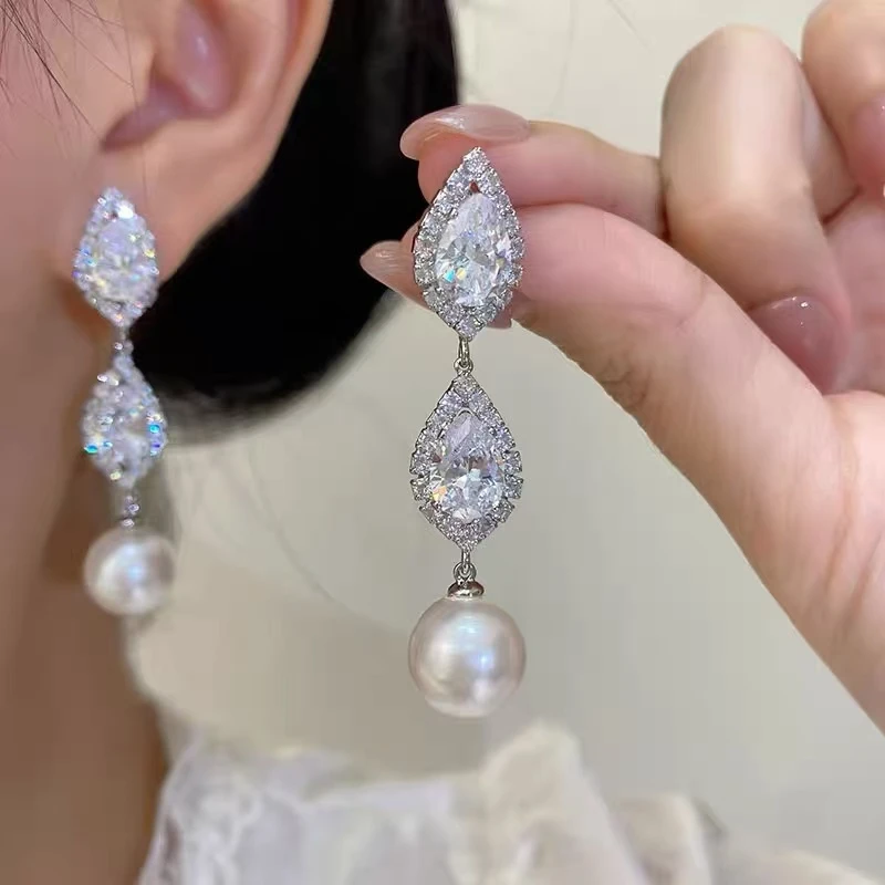 铜合金耳饰 超闪菱形锆石长款耳环感优雅气质耳饰