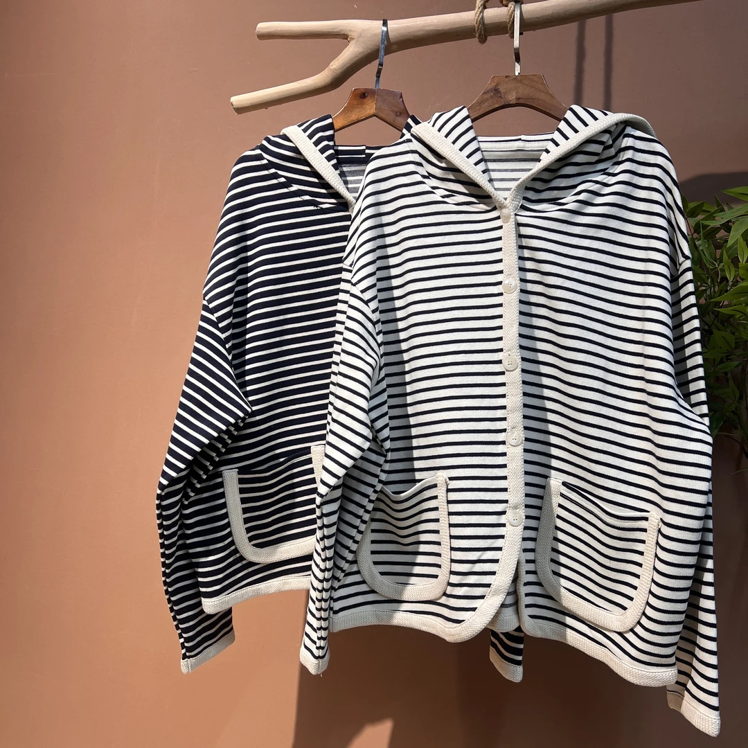 【衣布到味华华】条纹针织纽扣开衫1987款