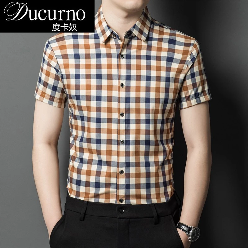 冰丝薄款短袖衬衫高档夏季撞色条纹格子韩版衬衣青年休闲通勤半袖