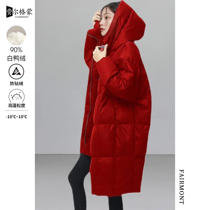 欧美时尚名牌大红色羽绒服女中长款2025冬季新款轻便白鸭绒面包服