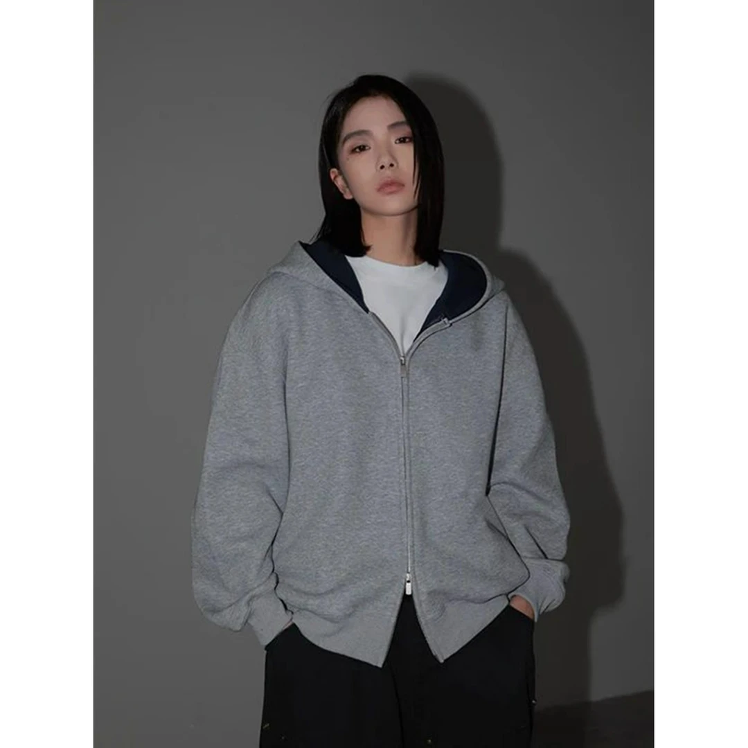 460G重磅拼色开衫男女同款秋冬连帽卫衣宽松休闲外套百搭运动长袖