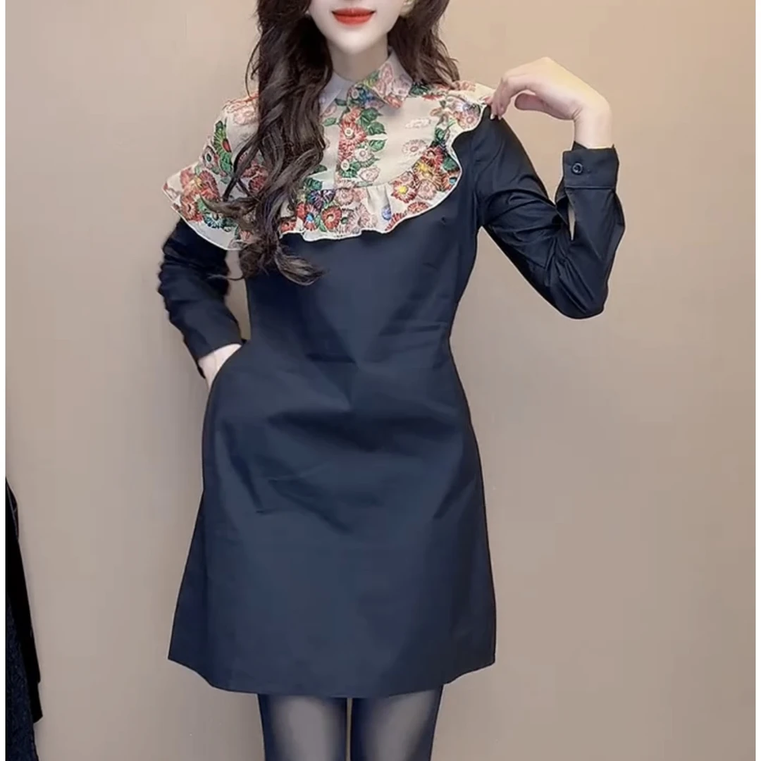 连衣裙气质长袖时尚复古拼接百搭裙子