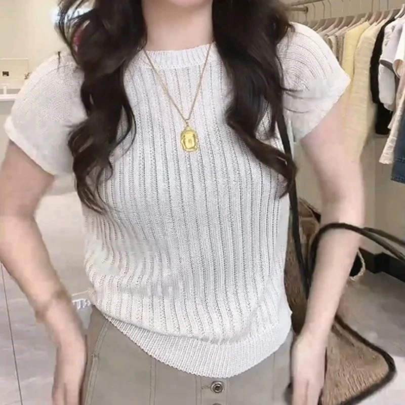 新款韩式小众百搭高级感薄上衣2025夏季圆领气质设计感短袖T恤女