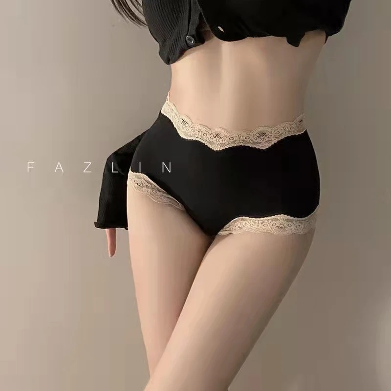 日系纯欲风蕾丝边收腹内裤女士纯棉裆透气提臀甜美少女高腰三角裤