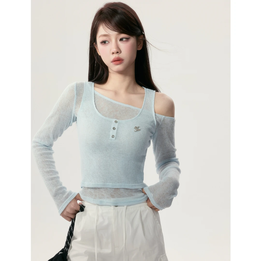 【小野莓】韩版法式纯欲气质显瘦内搭背心+一字领长袖罩衫BT86879