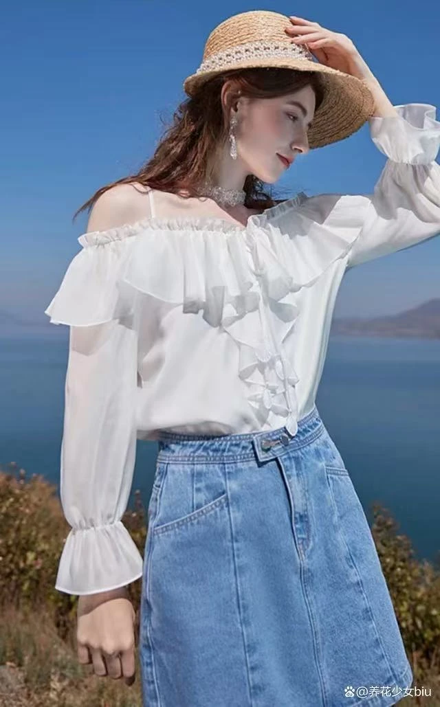 冰冰精品服装店春季法式优雅少女感一字肩荷叶边